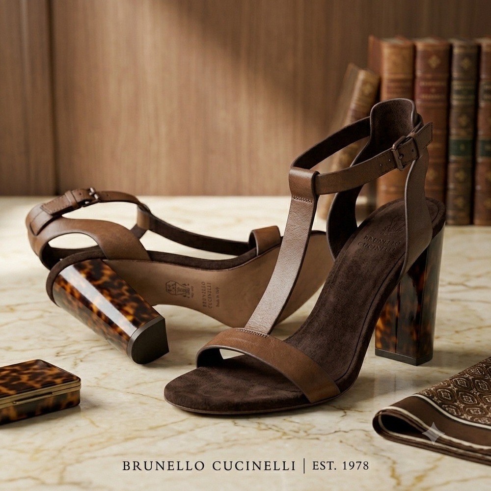 Brunello Cucinelli Brown Leather T-Strap Sandals Tortoise Shell Block 37 US 6.5
